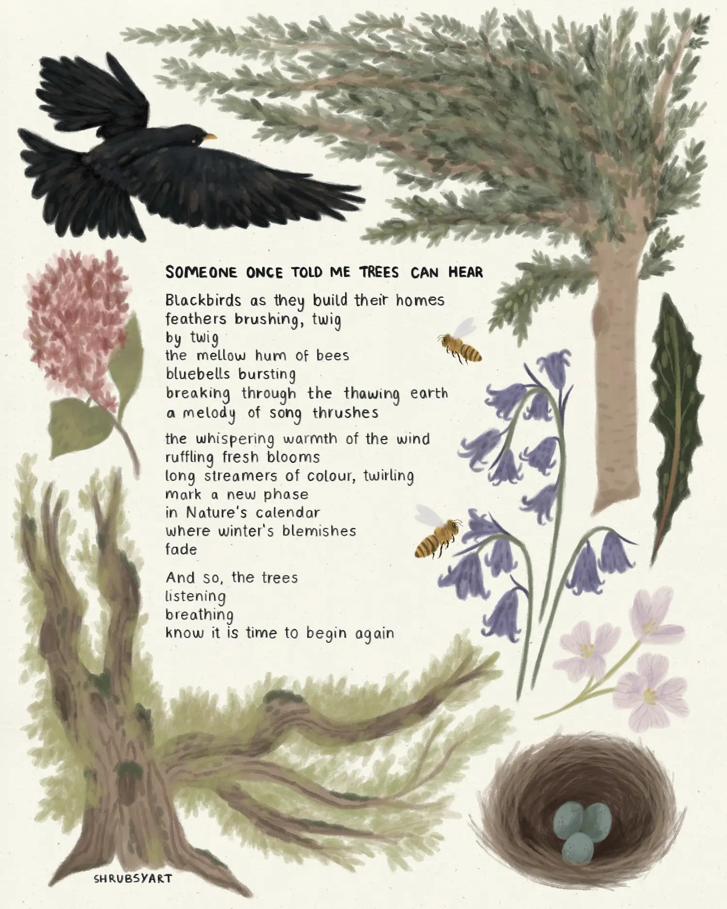 Woodland Trust illustration of a tree with a poem about spring